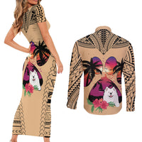 Polynesian Couples Matching Short Sleeve Bodycon Dress and Long Sleeve Button Shirts Dog Lover With Samoyed - Sunset At The Beach LT7 - Wonder Print Shop