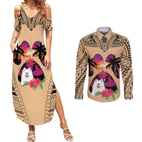 Polynesian Couples Matching Summer Maxi Dress and Long Sleeve Button Shirts Dog Lover With Samoyed - Sunset At The Beach LT7 - Wonder Print Shop