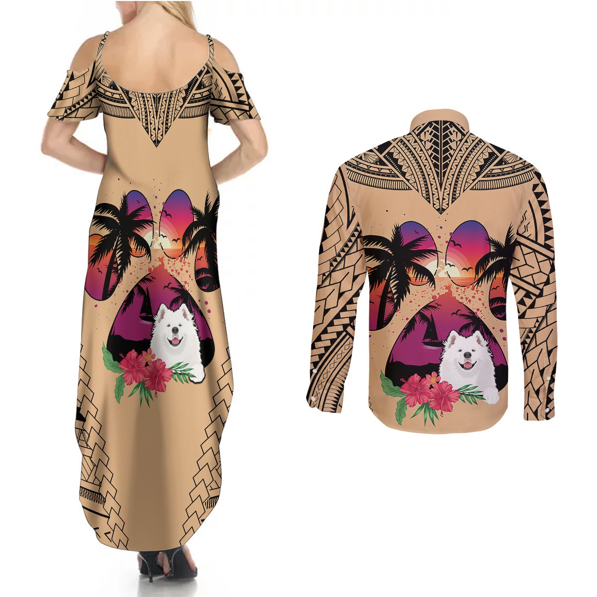 Polynesian Couples Matching Summer Maxi Dress and Long Sleeve Button Shirts Dog Lover With Samoyed - Sunset At The Beach LT7 - Wonder Print Shop