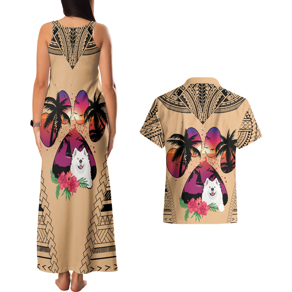Polynesian Couples Matching Tank Maxi Dress and Hawaiian Shirt Dog Lover With Samoyed - Sunset At The Beach LT7 - Wonder Print Shop