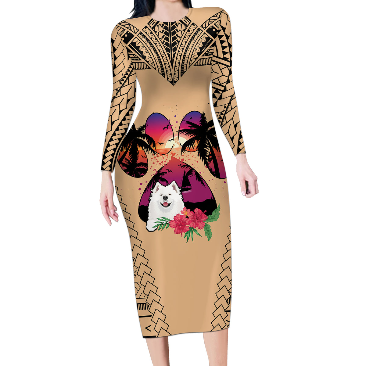 Polynesian Long Sleeve Bodycon Dress Dog Lover With Samoyed - Sunset At The Beach - Wonder Print Shop