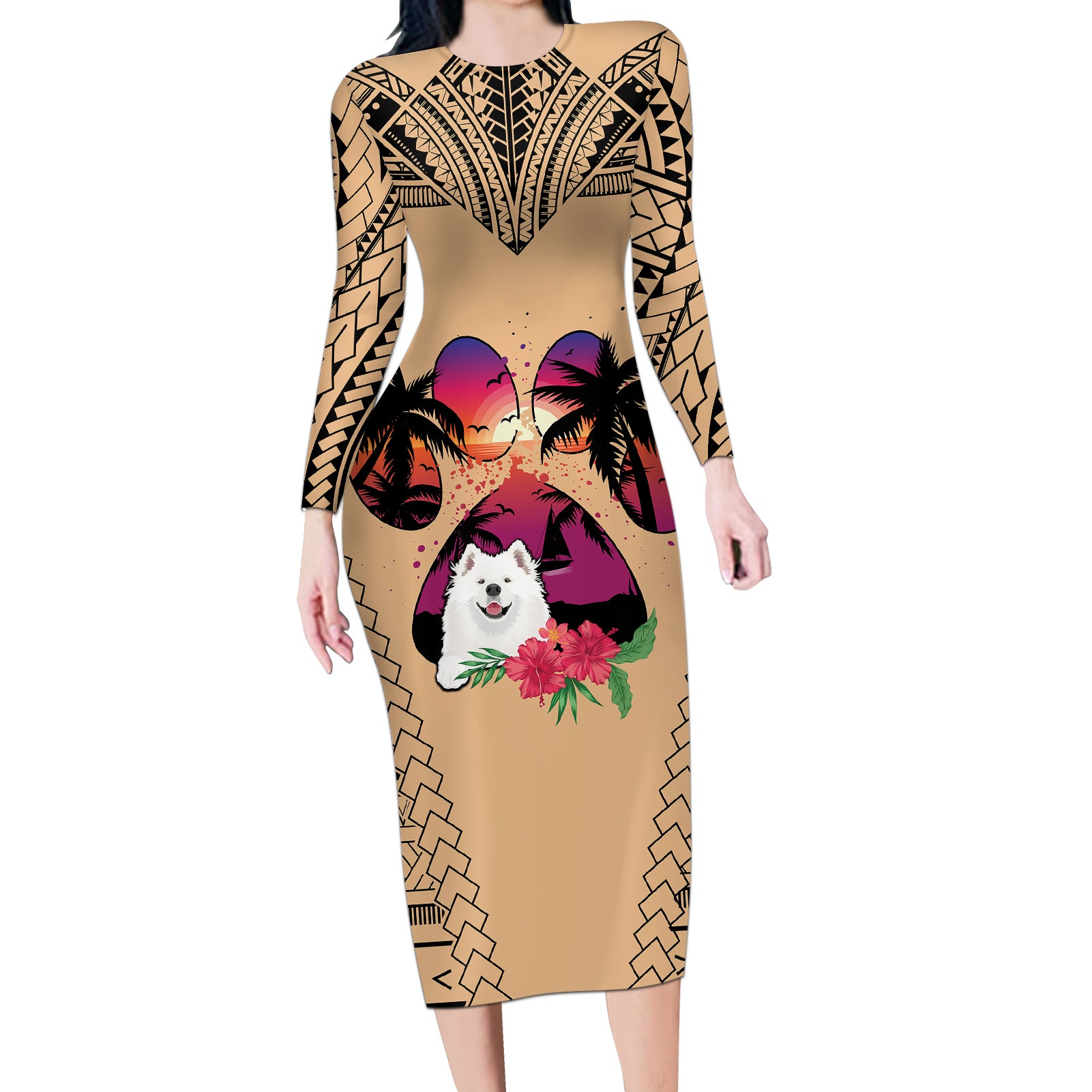 Polynesian Long Sleeve Bodycon Dress Dog Lover With Samoyed - Sunset At The Beach - Wonder Print Shop