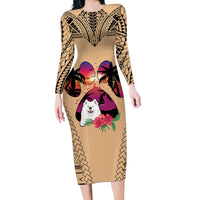 Polynesian Long Sleeve Bodycon Dress Dog Lover With Samoyed - Sunset At The Beach - Wonder Print Shop