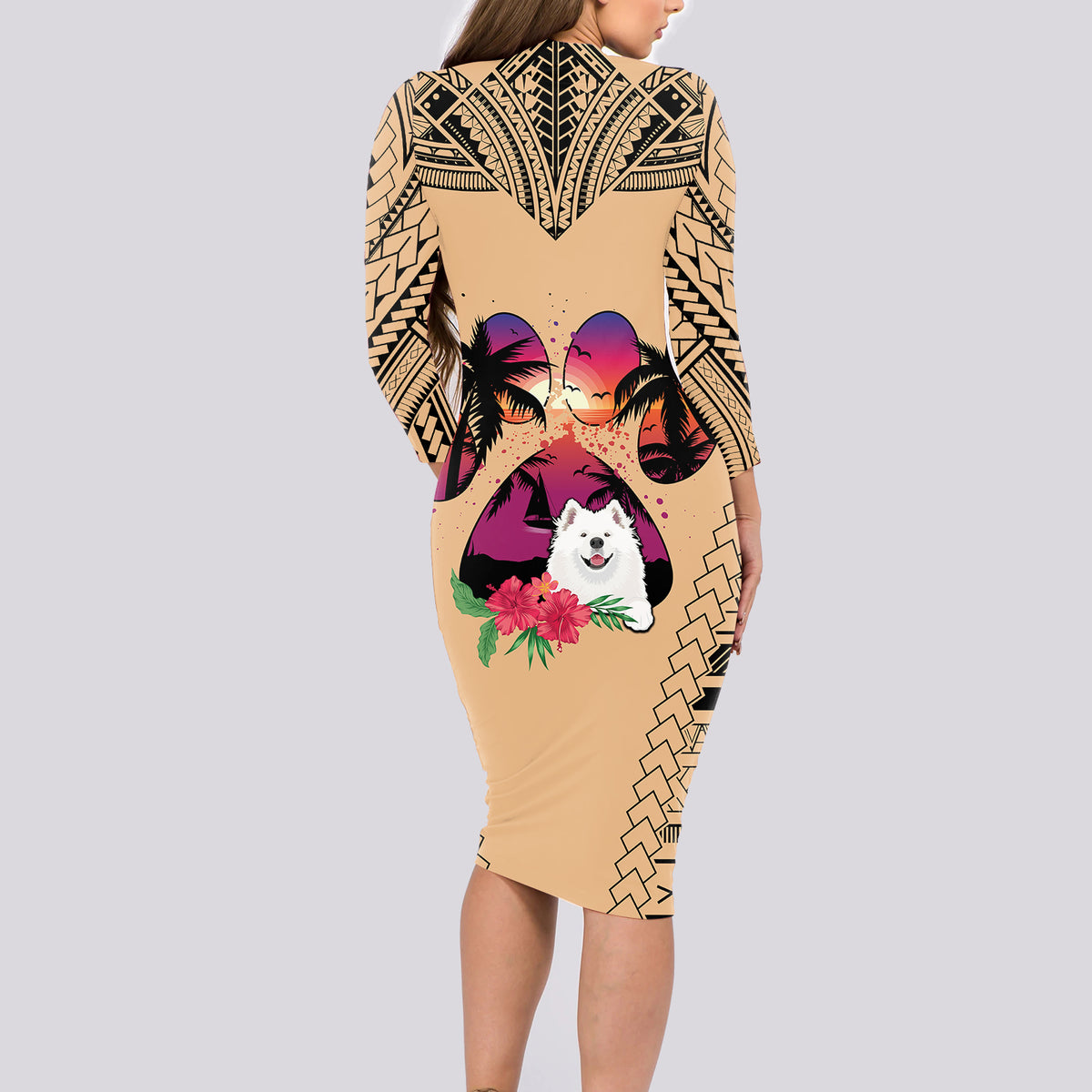 Polynesian Long Sleeve Bodycon Dress Dog Lover With Samoyed - Sunset At The Beach - Wonder Print Shop