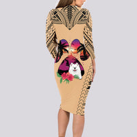 Polynesian Long Sleeve Bodycon Dress Dog Lover With Samoyed - Sunset At The Beach - Wonder Print Shop