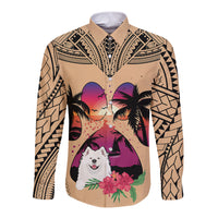 Polynesian Long Sleeve Button Shirt Dog Lover With Samoyed - Sunset At The Beach - Wonder Print Shop