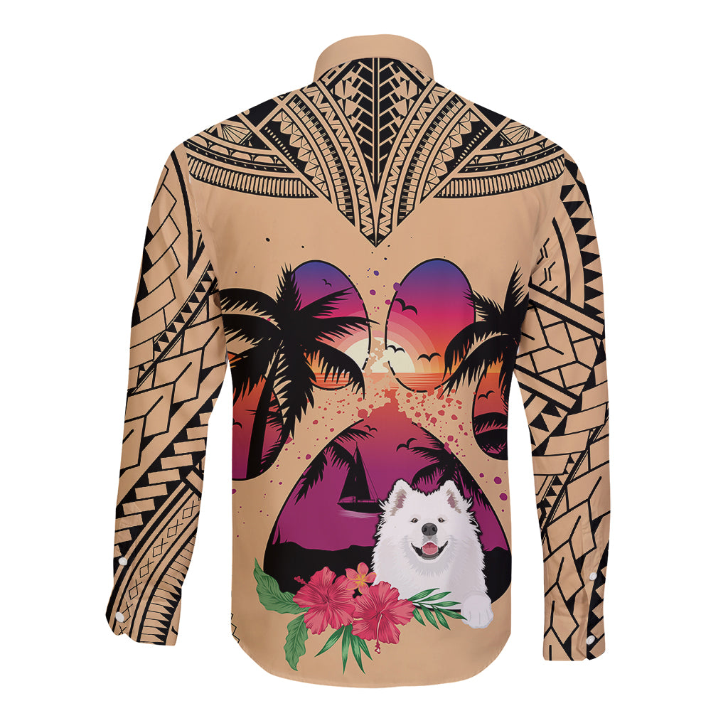 Polynesian Long Sleeve Button Shirt Dog Lover With Samoyed - Sunset At The Beach - Wonder Print Shop