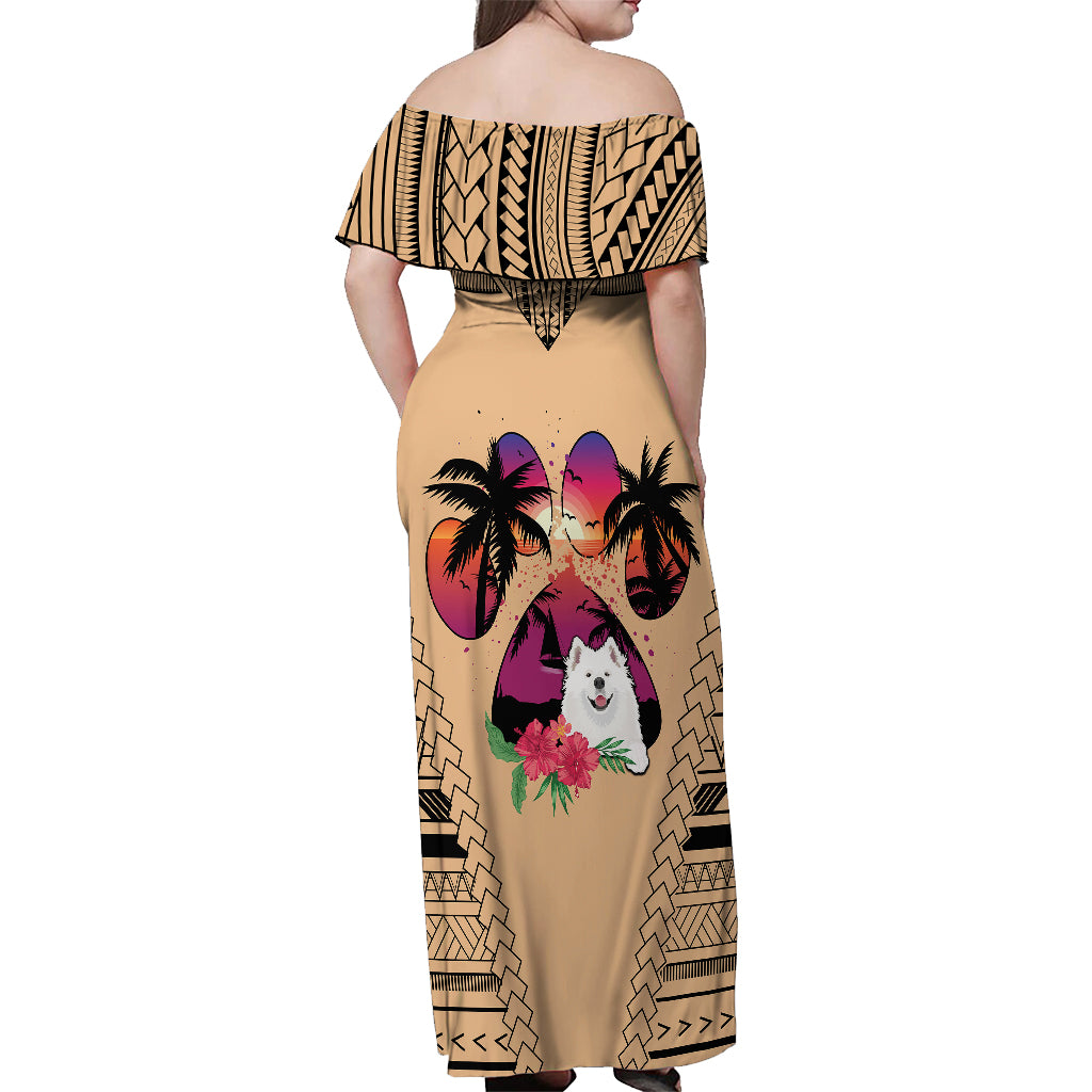 Polynesian Off Shoulder Maxi Dress Dog Lover With Samoyed - Sunset At The Beach - Wonder Print Shop
