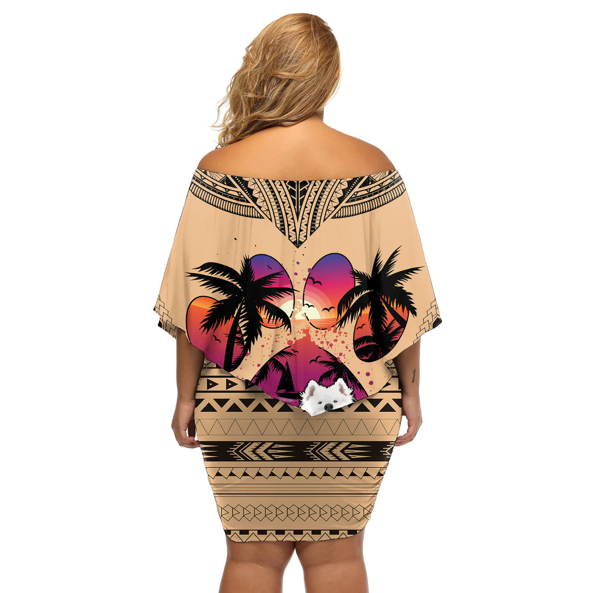 Polynesian Off Shoulder Short Dress Dog Lover With Samoyed - Sunset At The Beach - Wonder Print Shop