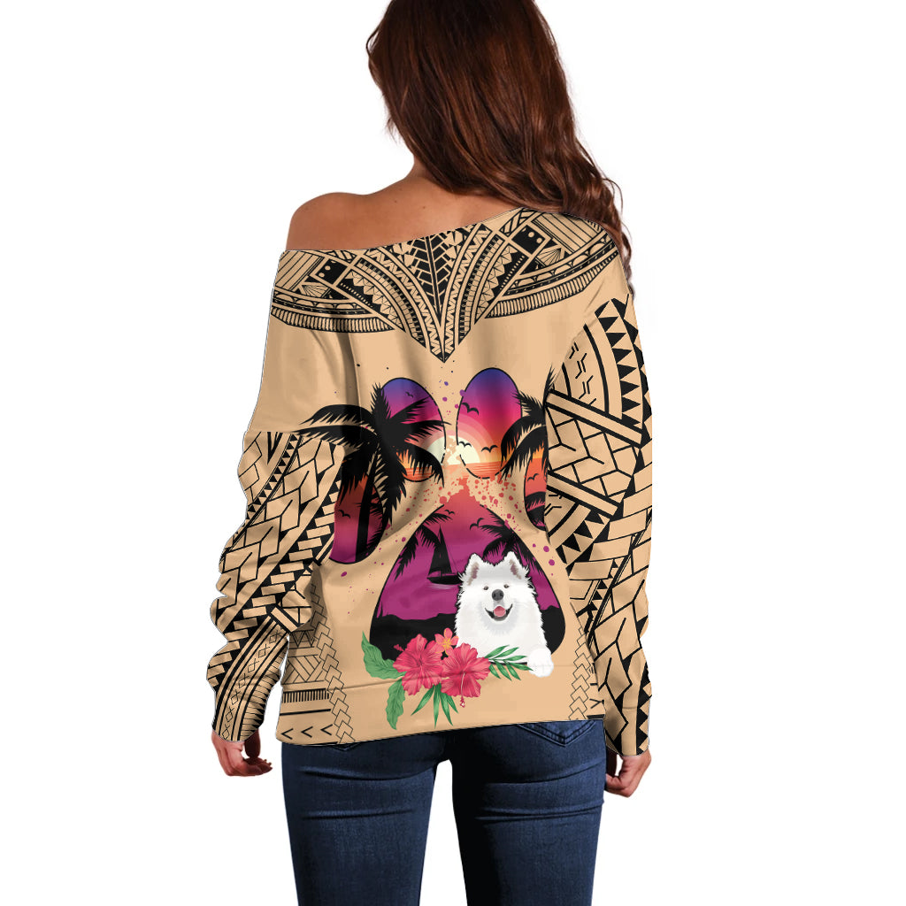 Polynesian Off Shoulder Sweater Dog Lover With Samoyed - Sunset At The Beach - Wonder Print Shop