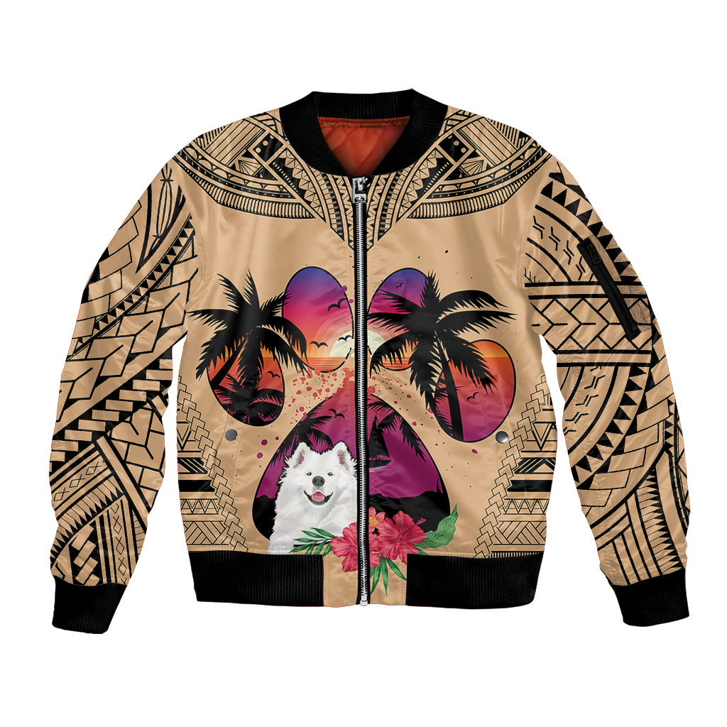 Polynesian Sleeve Zip Bomber Jacket Dog Lover With Samoyed - Sunset At The Beach - Wonder Print Shop