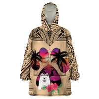 Polynesian Wearable Blanket Hoodie Dog Lover With Samoyed - Sunset At The Beach - Wonder Print Shop
