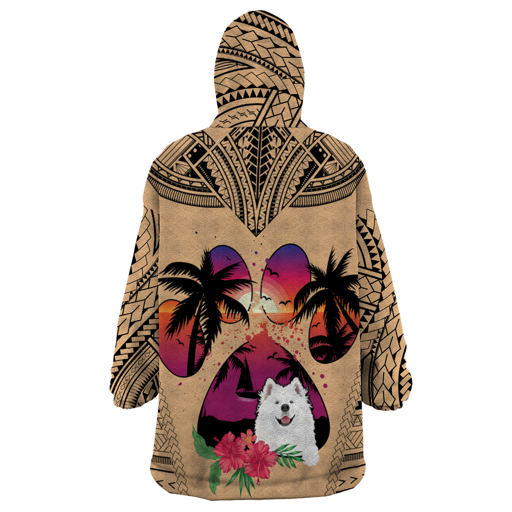 Polynesian Wearable Blanket Hoodie Dog Lover With Samoyed - Sunset At The Beach - Wonder Print Shop