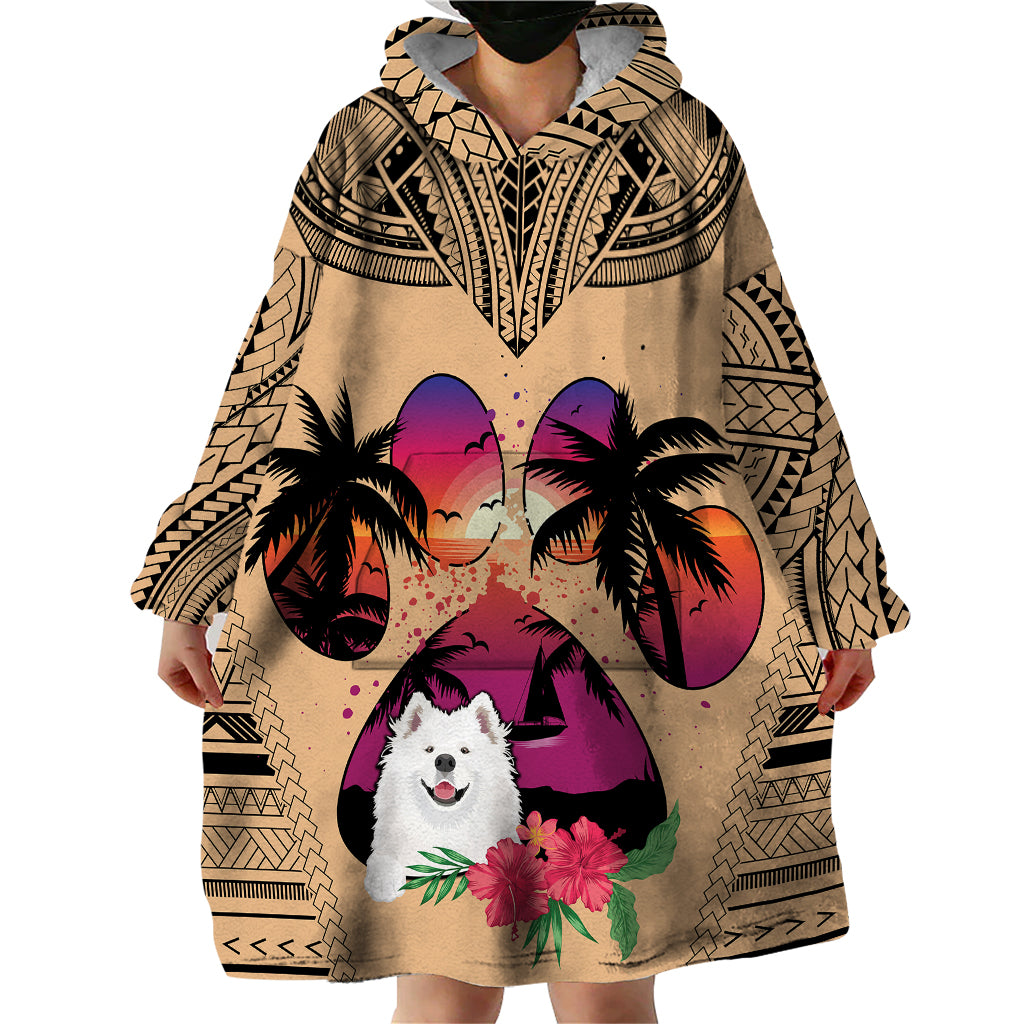 Polynesian Wearable Blanket Hoodie Dog Lover With Samoyed - Sunset At The Beach - Wonder Print Shop