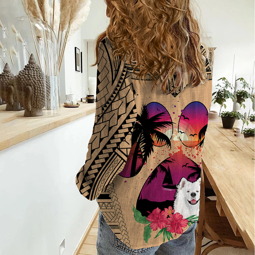 Polynesian Women Casual Shirt Dog Lover With Samoyed - Sunset At The Beach - Wonder Print Shop