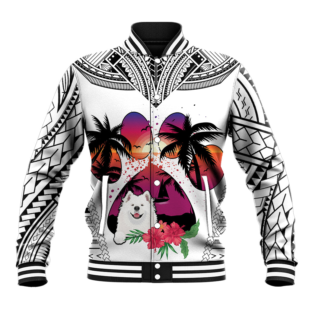 Polynesian Baseball Jacket Dog Lover With Samoyed - Sunset At The Beach White Ver LT7 - Wonder Print Shop