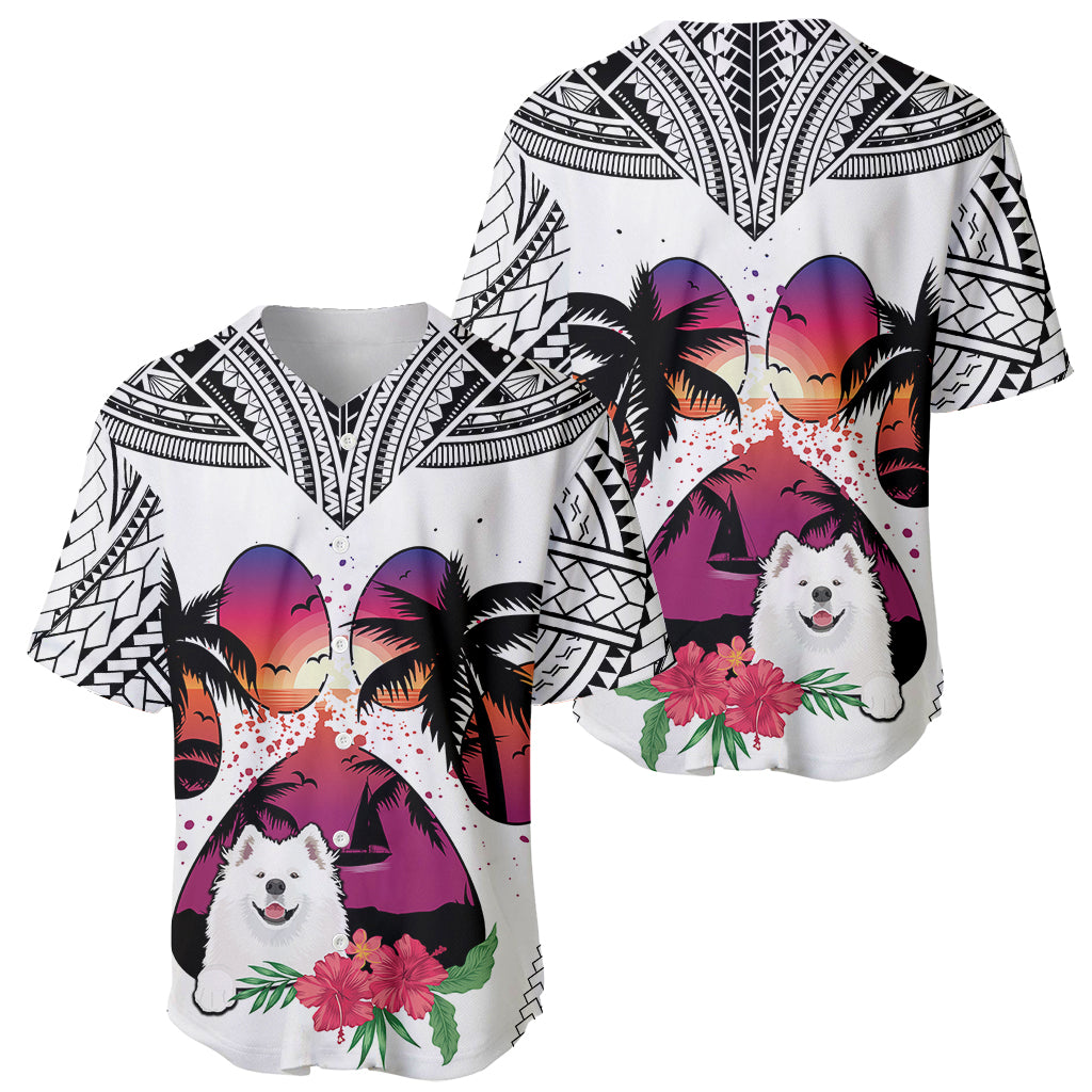 Polynesian Baseball Jersey Dog Lover With Samoyed - Sunset At The Beach White Ver LT7 - Wonder Print Shop