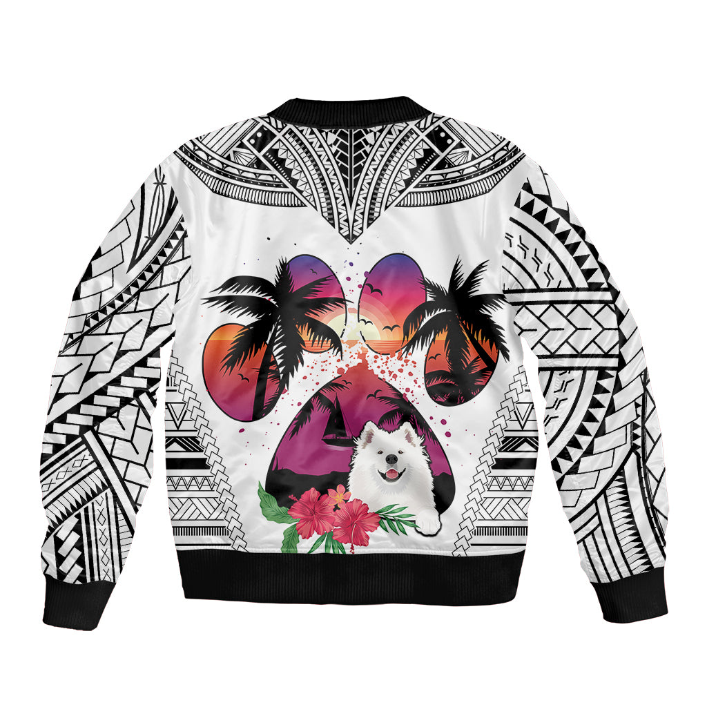 Polynesian Bomber Jacket Dog Lover With Samoyed - Sunset At The Beach White Ver LT7 - Wonder Print Shop