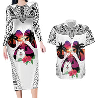 Polynesian Couples Matching Long Sleeve Bodycon Dress and Hawaiian Shirt Dog Lover With Samoyed - Sunset At The Beach White Ver LT7 - Wonder Print Shop