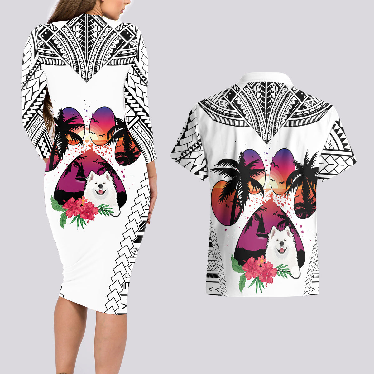 Polynesian Couples Matching Long Sleeve Bodycon Dress and Hawaiian Shirt Dog Lover With Samoyed - Sunset At The Beach White Ver LT7 - Wonder Print Shop