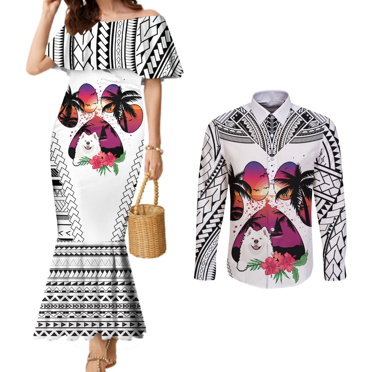 polynesian-couples-matching-mermaid-dress-and-long-sleeve-button-shirts-dog-lover-with-samoyed-sunset-at-the-beach-white-ver