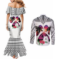 polynesian-couples-matching-mermaid-dress-and-long-sleeve-button-shirts-dog-lover-with-samoyed-sunset-at-the-beach-white-ver