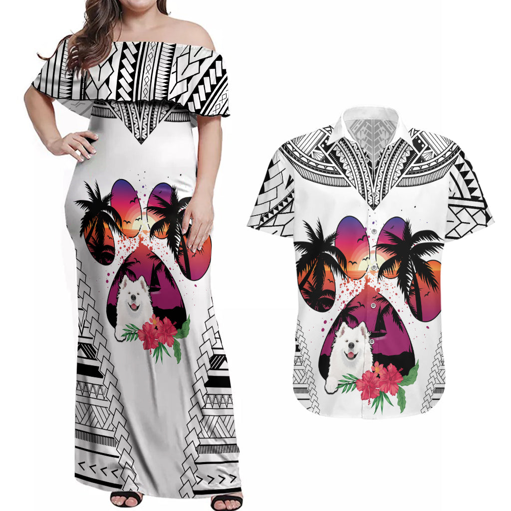 Polynesian Couples Matching Off Shoulder Maxi Dress and Hawaiian Shirt Dog Lover With Samoyed - Sunset At The Beach White Ver LT7 - Wonder Print Shop