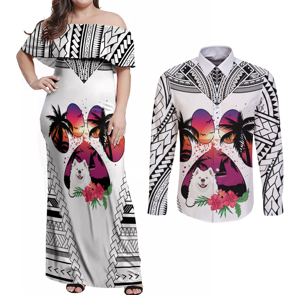 Polynesian Couples Matching Off Shoulder Maxi Dress and Long Sleeve Button Shirts Dog Lover With Samoyed - Sunset At The Beach White Ver LT7 - Wonder Print Shop