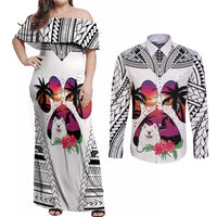 Polynesian Couples Matching Off Shoulder Maxi Dress and Long Sleeve Button Shirts Dog Lover With Samoyed - Sunset At The Beach White Ver LT7 - Wonder Print Shop