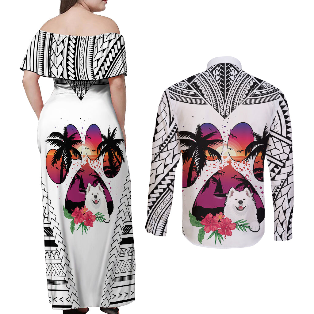 Polynesian Couples Matching Off Shoulder Maxi Dress and Long Sleeve Button Shirts Dog Lover With Samoyed - Sunset At The Beach White Ver LT7 - Wonder Print Shop