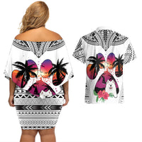Polynesian Couples Matching Off Shoulder Short Dress and Hawaiian Shirt Dog Lover With Samoyed - Sunset At The Beach White Ver LT7 - Wonder Print Shop