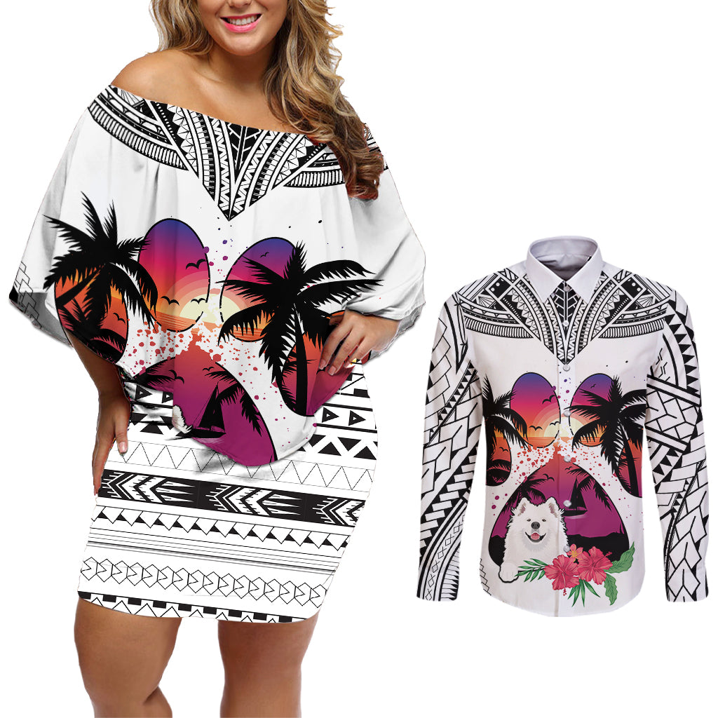 Polynesian Couples Matching Off Shoulder Short Dress and Long Sleeve Button Shirts Dog Lover With Samoyed - Sunset At The Beach White Ver LT7 - Wonder Print Shop