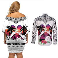 Polynesian Couples Matching Off Shoulder Short Dress and Long Sleeve Button Shirts Dog Lover With Samoyed - Sunset At The Beach White Ver LT7 - Wonder Print Shop