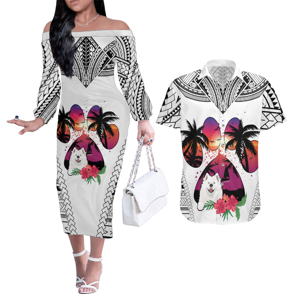 Polynesian Couples Matching Off The Shoulder Long Sleeve Dress and Hawaiian Shirt Dog Lover With Samoyed - Sunset At The Beach White Ver LT7 - Wonder Print Shop