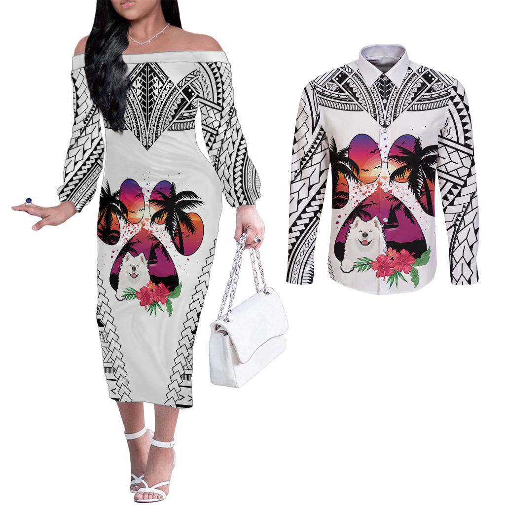 polynesian-couples-matching-off-the-shoulder-long-sleeve-dress-and-long-sleeve-button-shirts-dog-lover-with-samoyed-sunset-at-the-beach-white-ver