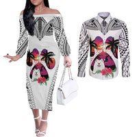 polynesian-couples-matching-off-the-shoulder-long-sleeve-dress-and-long-sleeve-button-shirts-dog-lover-with-samoyed-sunset-at-the-beach-white-ver