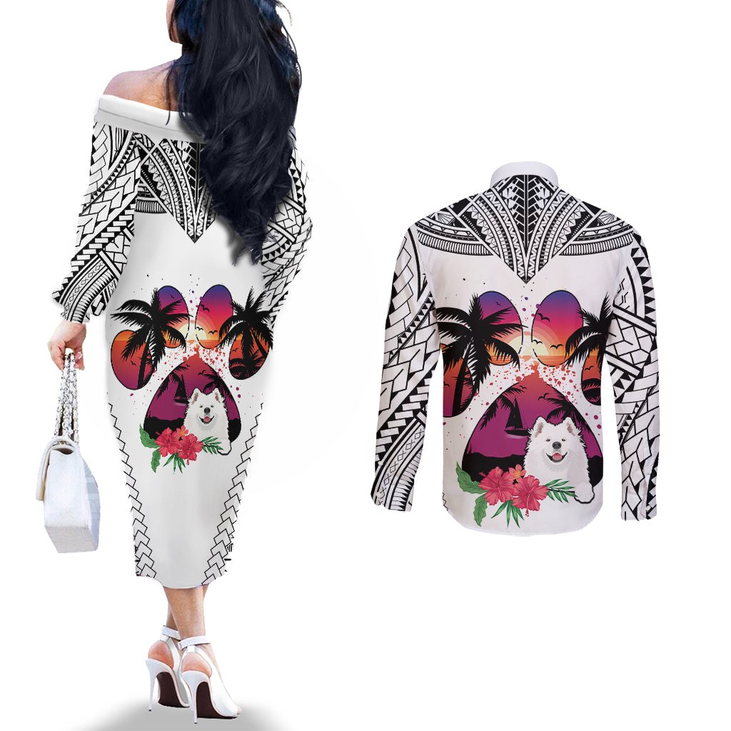 polynesian-couples-matching-off-the-shoulder-long-sleeve-dress-and-long-sleeve-button-shirts-dog-lover-with-samoyed-sunset-at-the-beach-white-ver