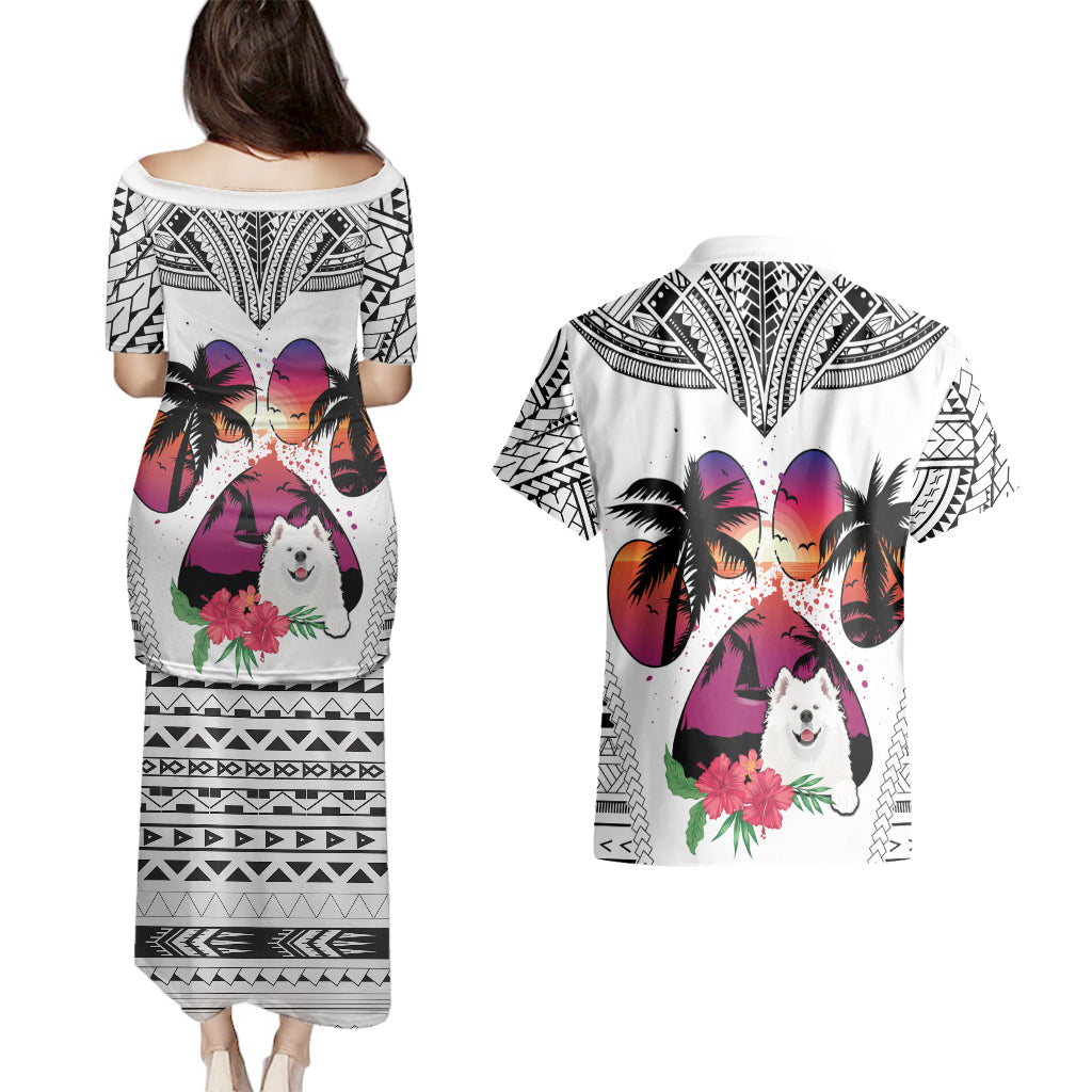 Polynesian Couples Matching Puletasi Dress and Hawaiian Shirt Dog Lover With Samoyed - Sunset At The Beach White Ver LT7 - Wonder Print Shop