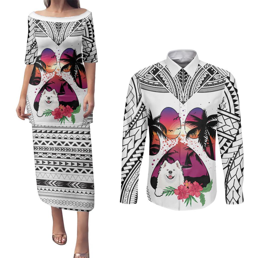 Polynesian Couples Matching Puletasi Dress and Long Sleeve Button Shirts Dog Lover With Samoyed - Sunset At The Beach White Ver LT7 - Wonder Print Shop