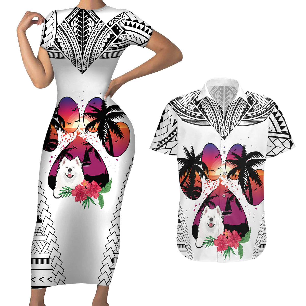 Polynesian Couples Matching Short Sleeve Bodycon Dress and Hawaiian Shirt Dog Lover With Samoyed - Sunset At The Beach White Ver LT7 - Wonder Print Shop