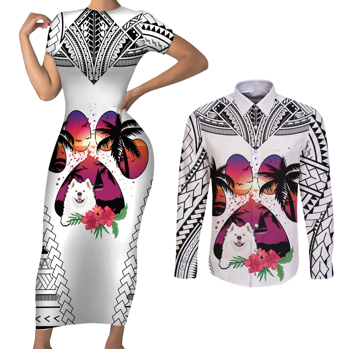 Polynesian Couples Matching Short Sleeve Bodycon Dress and Long Sleeve Button Shirts Dog Lover With Samoyed - Sunset At The Beach White Ver LT7 - Wonder Print Shop