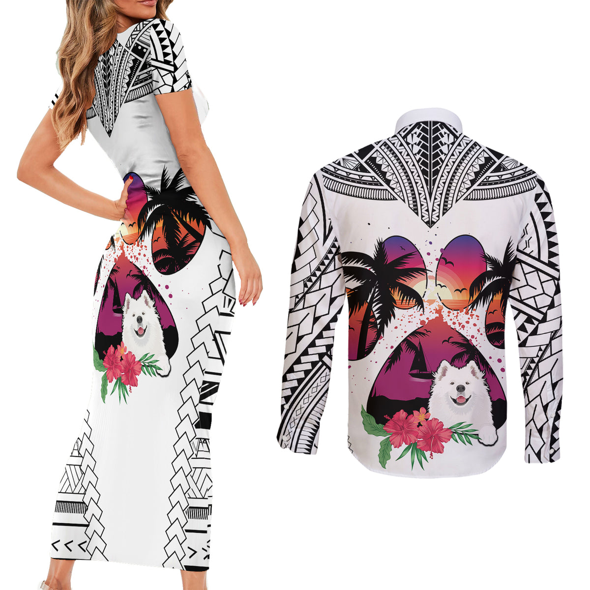 Polynesian Couples Matching Short Sleeve Bodycon Dress and Long Sleeve Button Shirts Dog Lover With Samoyed - Sunset At The Beach White Ver LT7 - Wonder Print Shop