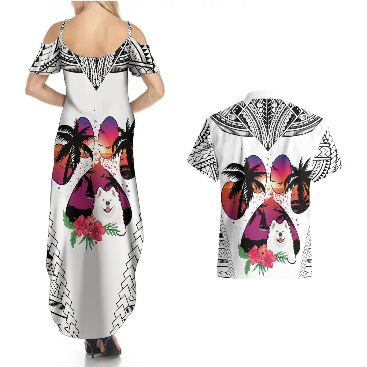 Polynesian Couples Matching Summer Maxi Dress and Hawaiian Shirt Dog Lover With Samoyed - Sunset At The Beach White Ver LT7 - Wonder Print Shop