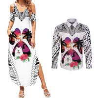 Polynesian Couples Matching Summer Maxi Dress and Long Sleeve Button Shirts Dog Lover With Samoyed - Sunset At The Beach White Ver LT7 - Wonder Print Shop