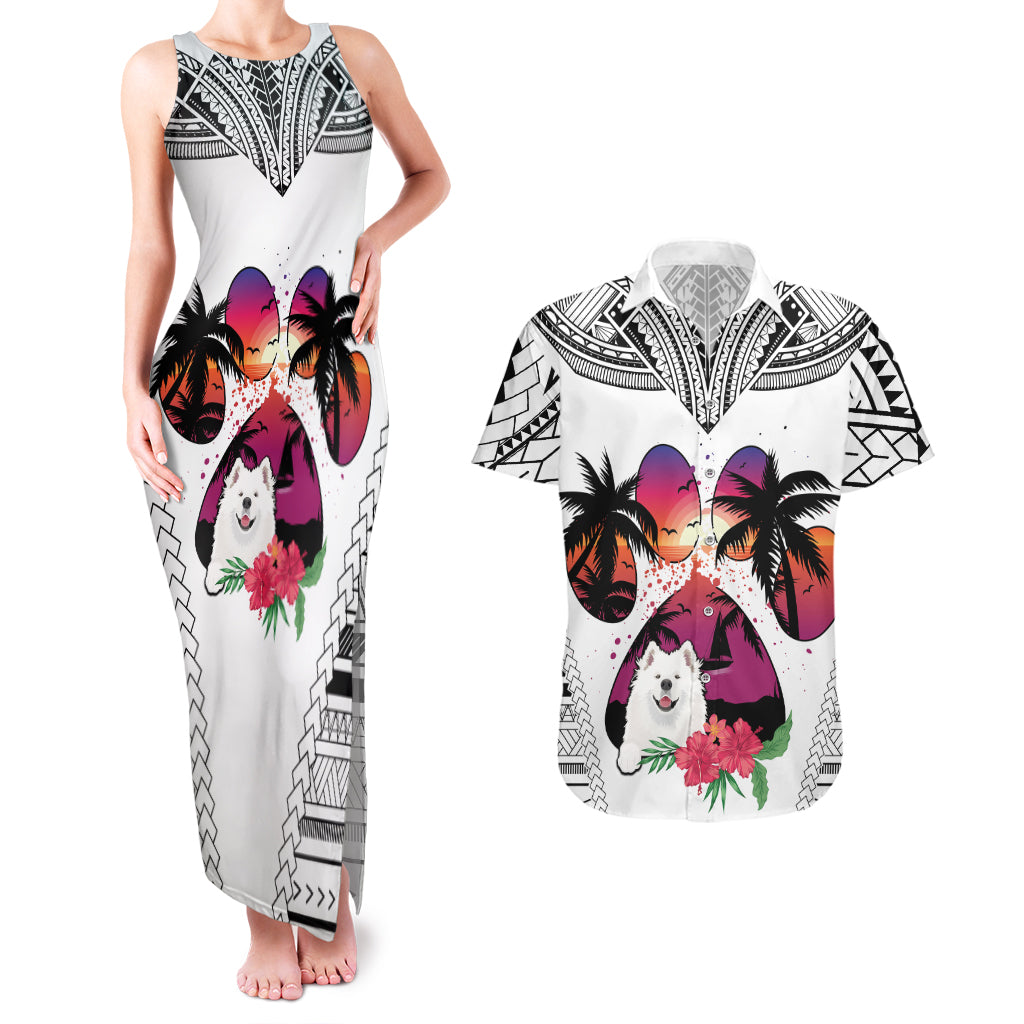 Polynesian Couples Matching Tank Maxi Dress and Hawaiian Shirt Dog Lover With Samoyed - Sunset At The Beach White Ver LT7 - Wonder Print Shop