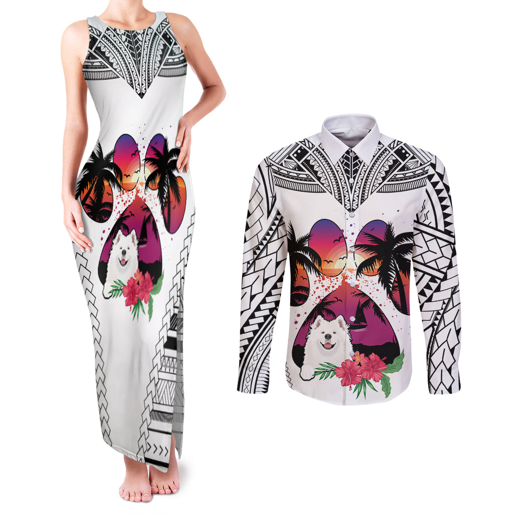Polynesian Couples Matching Tank Maxi Dress and Long Sleeve Button Shirts Dog Lover With Samoyed - Sunset At The Beach White Ver LT7 - Wonder Print Shop