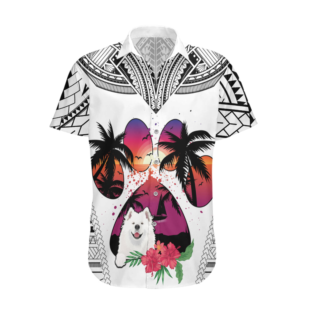 Polynesian Hawaiian Shirt Dog Lover With Samoyed - Sunset At The Beach White Ver - Wonder Print Shop