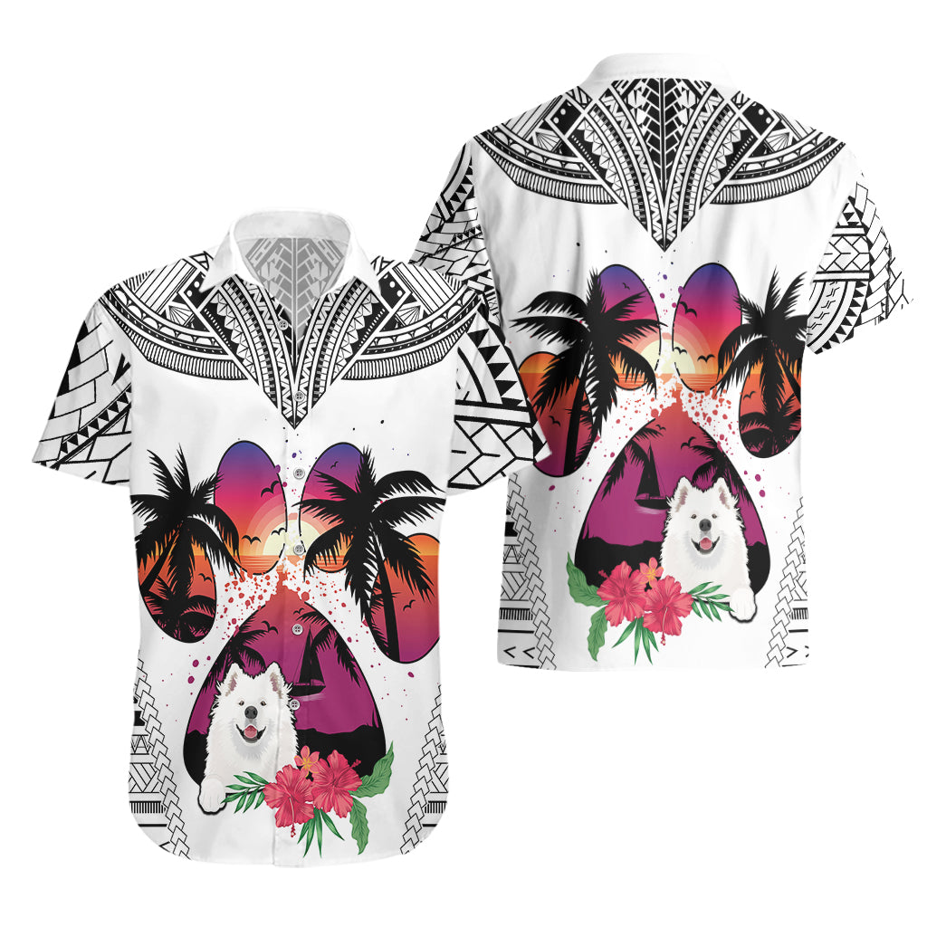 Polynesian Hawaiian Shirt Dog Lover With Samoyed - Sunset At The Beach White Ver - Wonder Print Shop