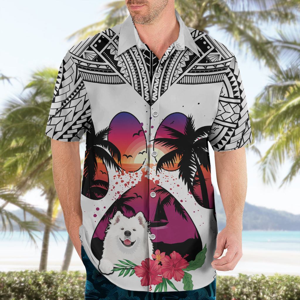 Polynesian Hawaiian Shirt Dog Lover With Samoyed - Sunset At The Beach White Ver - Wonder Print Shop