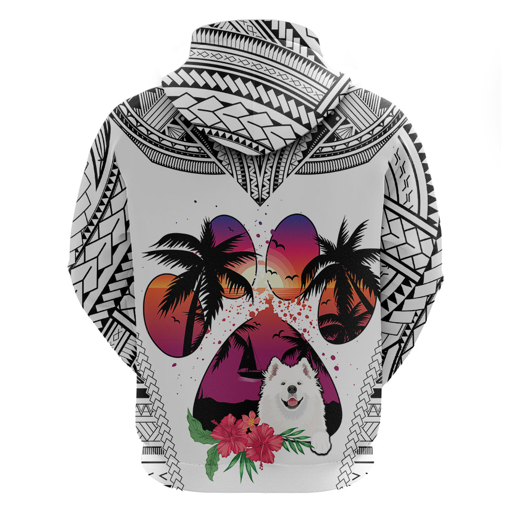 Polynesian Hoodie Dog Lover With Samoyed - Sunset At The Beach White Ver - Wonder Print Shop